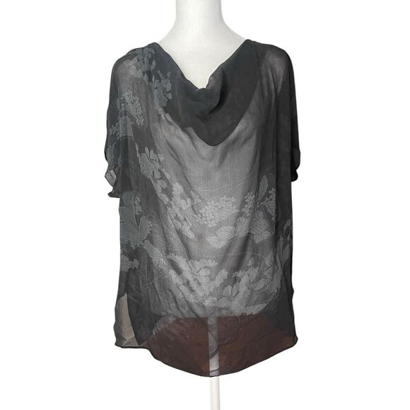 Citron Collection Medium Silk Blouse Black Gray Print Cap Sleeve Top Cowl - Picture 1 of 11